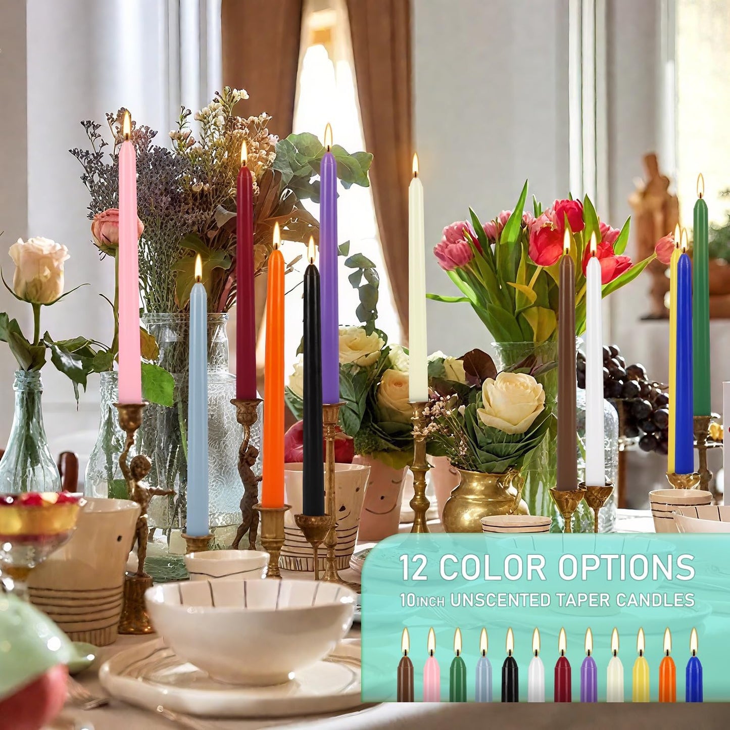 24 Colored Taper Candles, 7-8 Hours Burn Time, Unscented, Smokeless and Dripless, 0.75 x 10 Inch Dinner Candle Set for Household, Wedding, Party and Home Décor Candlesticks