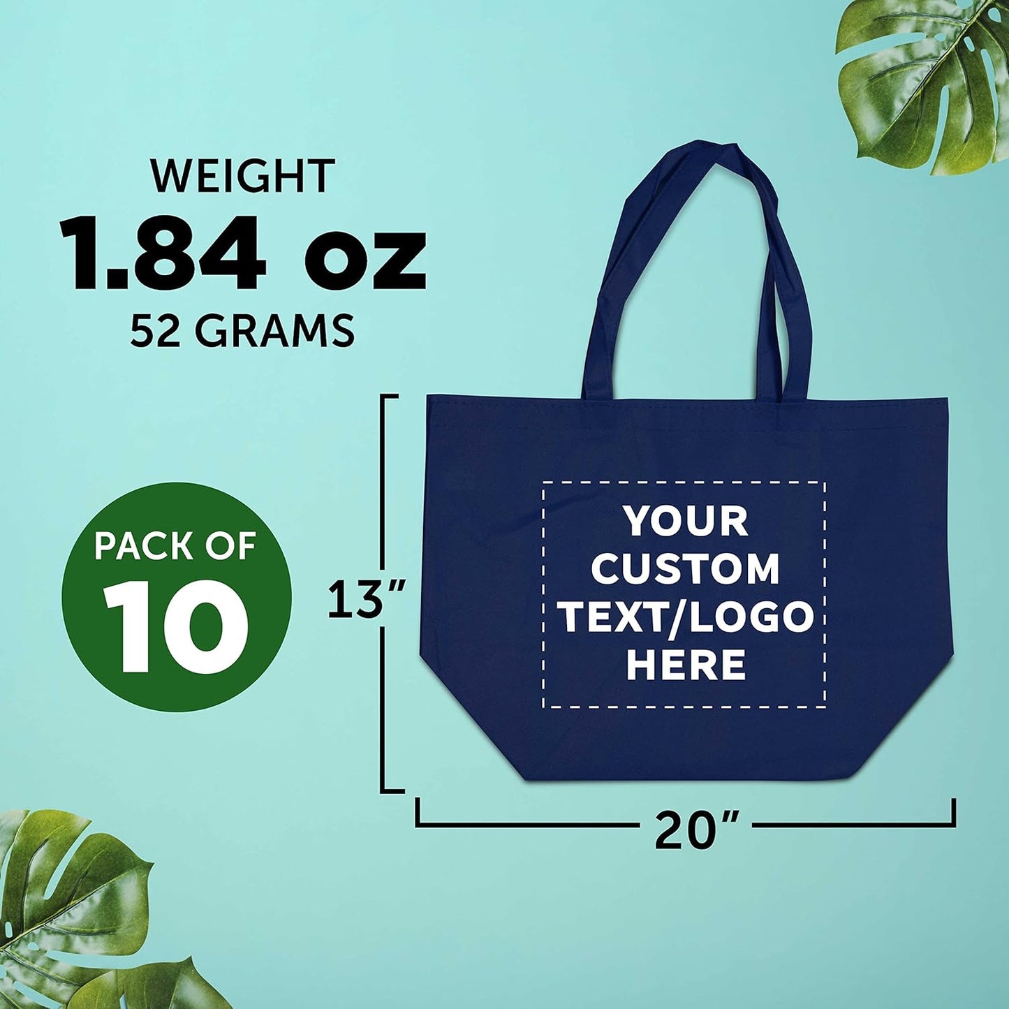 DISCOUNT PROMOS Custom Southern Style Grocery Tote Bags Set of 10 - Personalized Bulk Pack, Reusable Grocery & Shopping Bags - Great for Travel, Business Promotions - Navy Blue - 20"X13"X8"