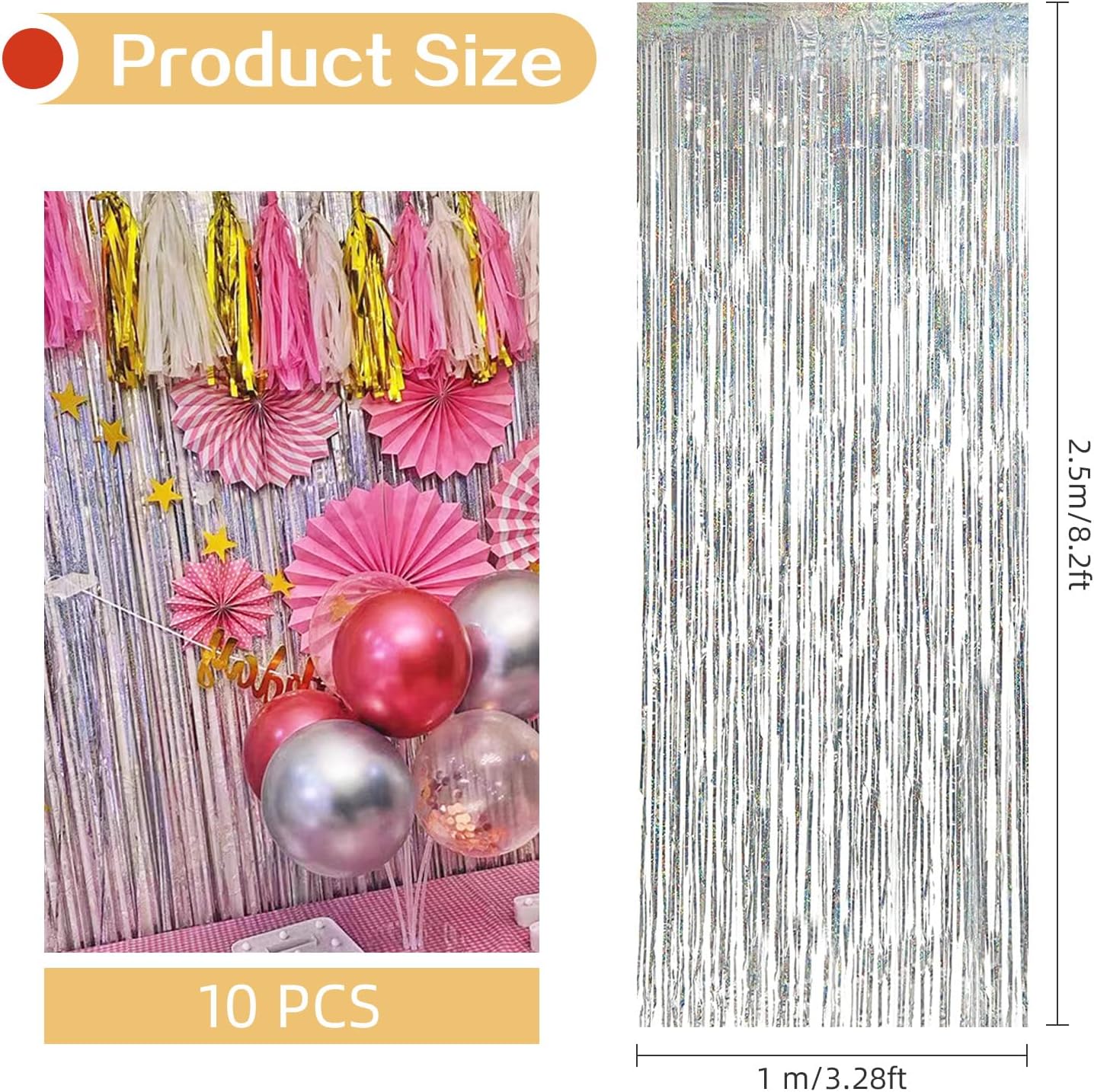 10 Pack Silver Backdrop Curtain 3.2ft x 8.2ft Metallic Tinsel Foil Fringe Curtains Photo Booth Background for Birthday Party Decoration Baby Shower Engagement Wedding Christmas Decoration (Silver)