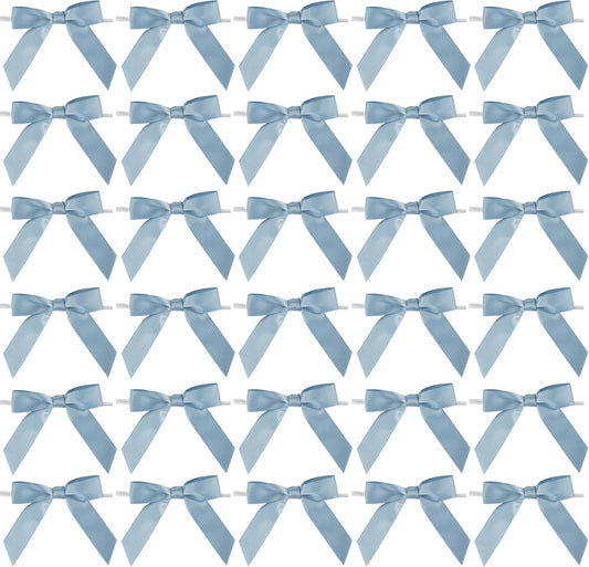 AIMUDI Dusty Blue Bows for Gift Wrapping Premade Satin Bows for Wedding Decor Pre Tied Twist Tie Bows Small Bows for Crafts Treat Bags Cake Pop Party Favors - 50 Counts