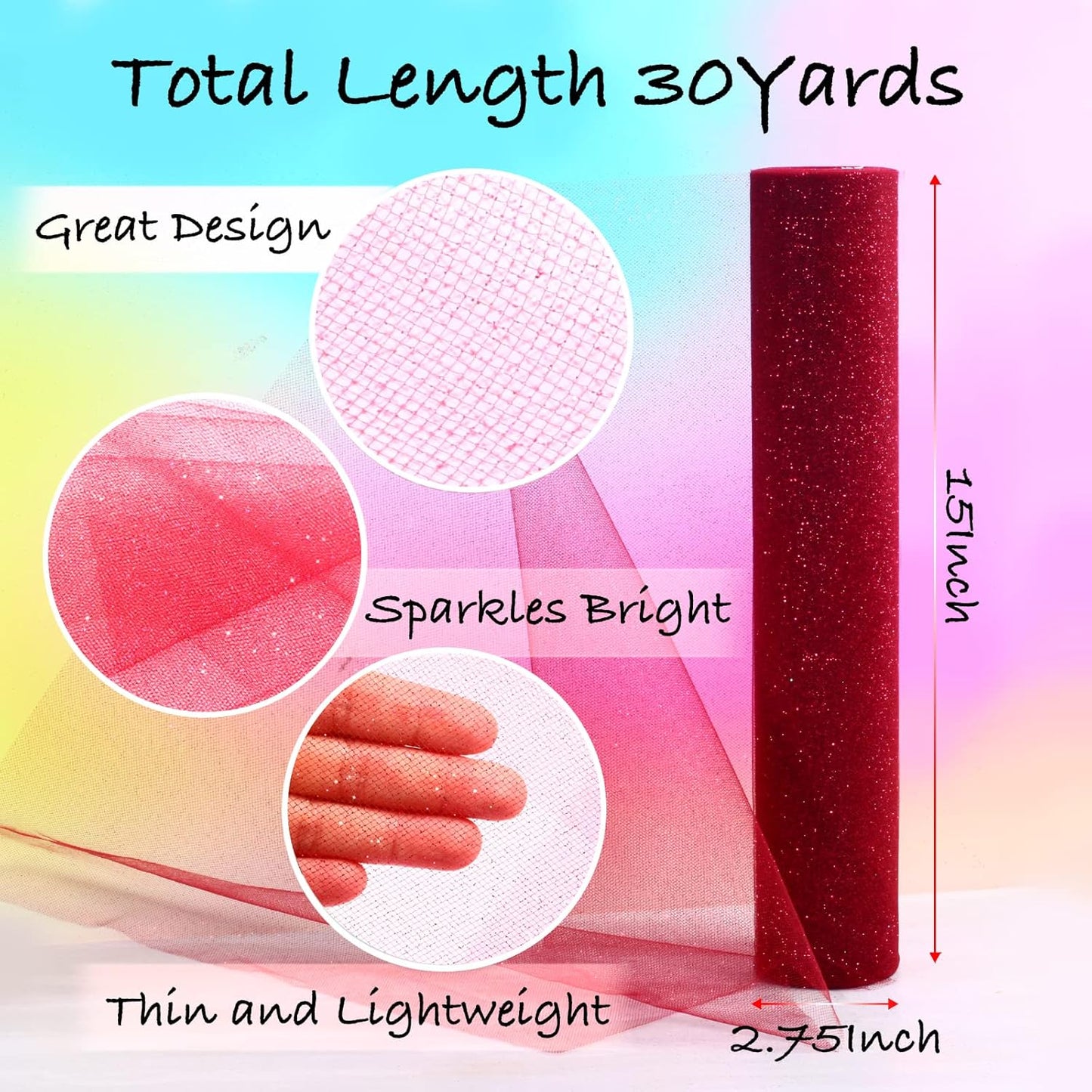 Sparkling Tulle Rolls, 15” by 30 Yards (90FT) Glitter Tulle Spool Ribbon Fabric for Wedding Birthday Bridal Shower Tutu Skirt Party Gift Wrapping (Burgundy)