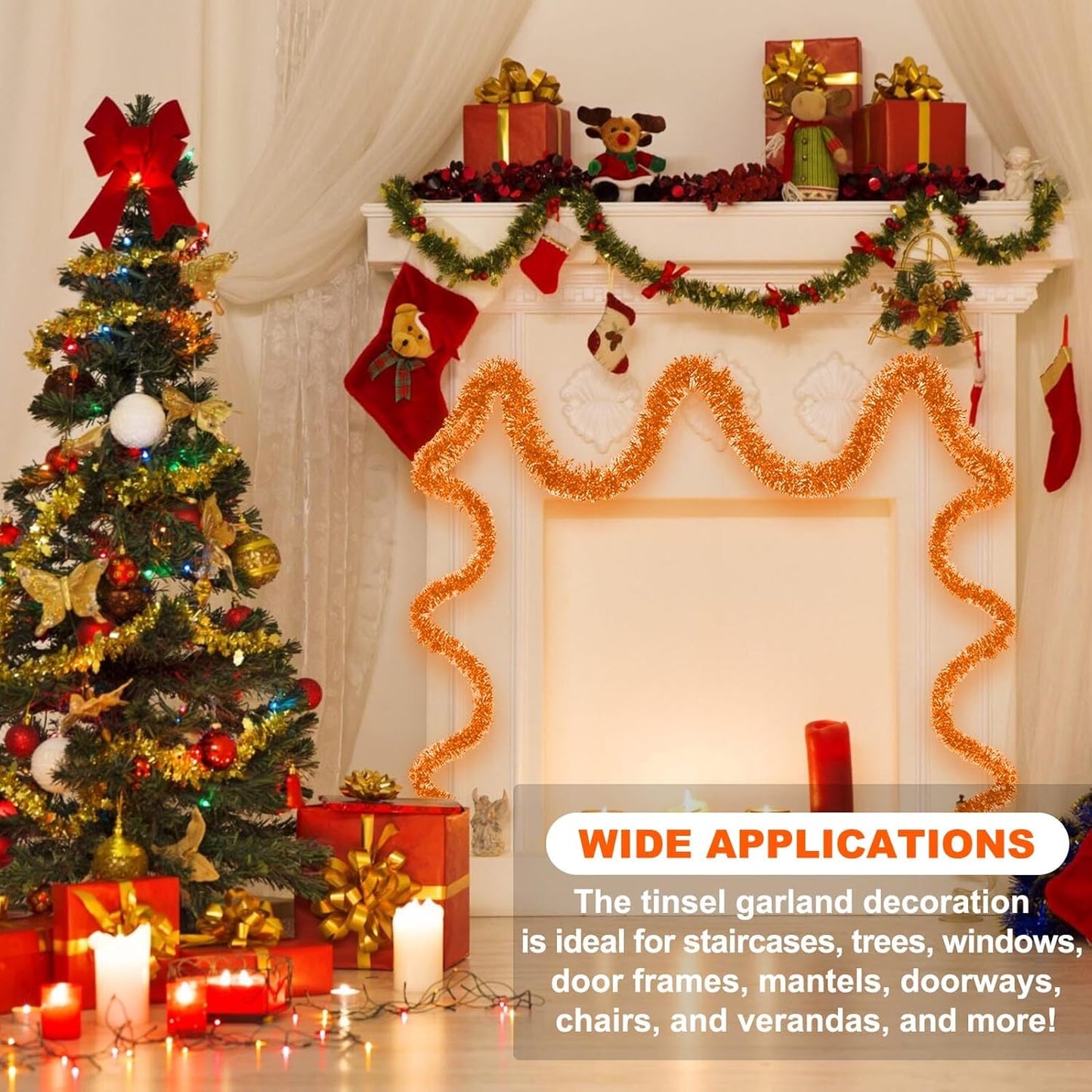 50 Feet Macaron Orange Christmas Tinsel Garland, Metallic Foil Twist Banner Wall Hanging Tinsel Streamers Backdrop for Parade Floats, Christmas, Mother's Day, Birthday Party Decorations(2in x 50ft)