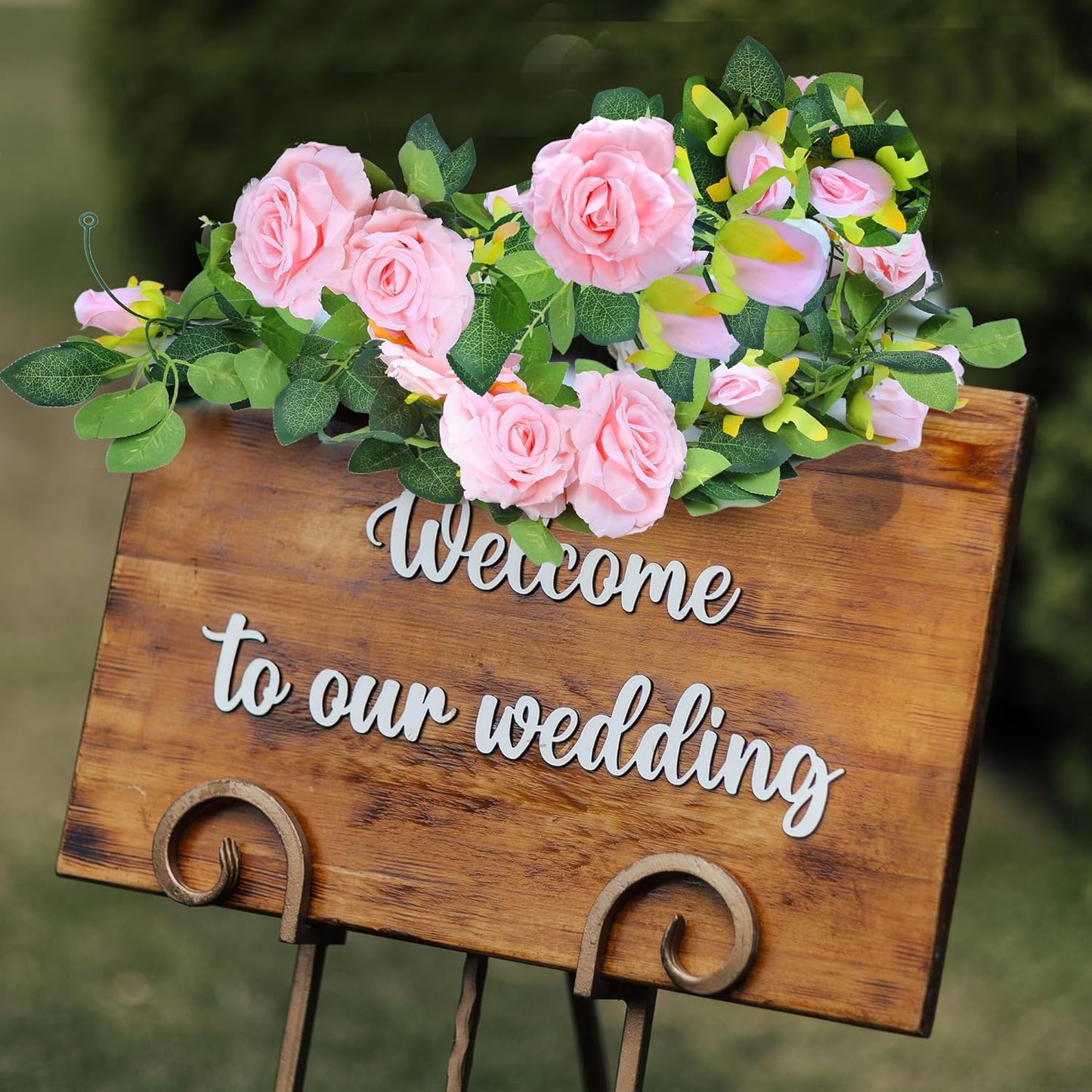 Sggvecsy 2Pcs 15.5Ft Artificial Rose Vine Fake Flower Garland Floral Garland Faux Silk Hanging Vine Rose Ivy Vines for Wedding Arch Party Wall Garden Ceremony Background Outdoor Decor (Pink)