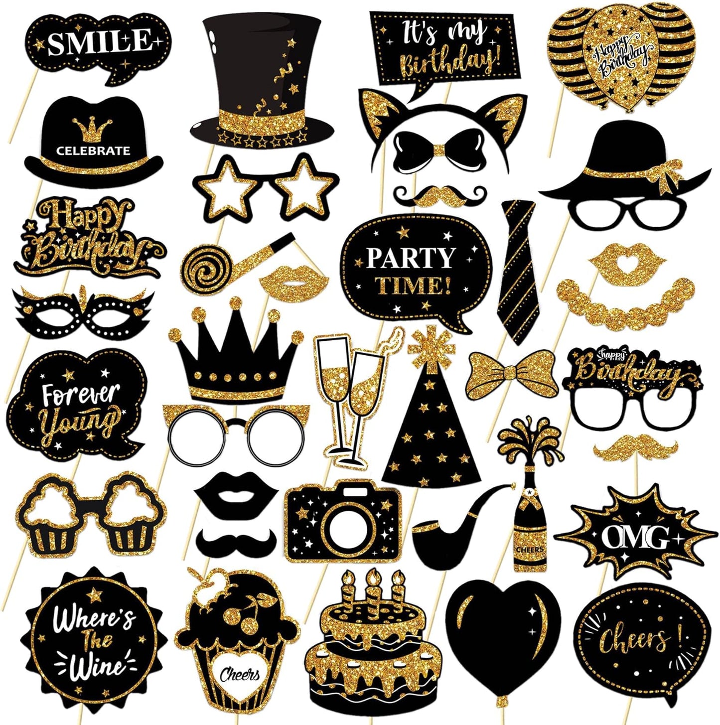 Birthday Photo Booth Props Kit - 38Pcs Funny Pose Signs, Selfie Photobooth Decor for Birthday Party, Men Women