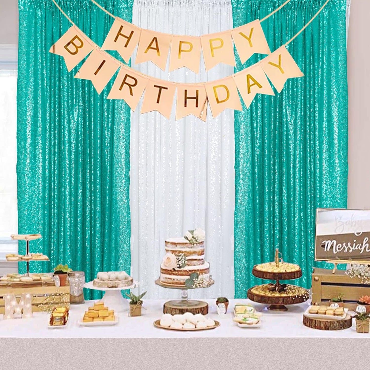 ShinyBeauty Sequin Backdrop 4x10ft Teal Sequin Curtains 2 Panels Wedding Drapes Glitter Backdrop Curtains for Parties Photography Background (4FTx10FTx2PC, Teal)