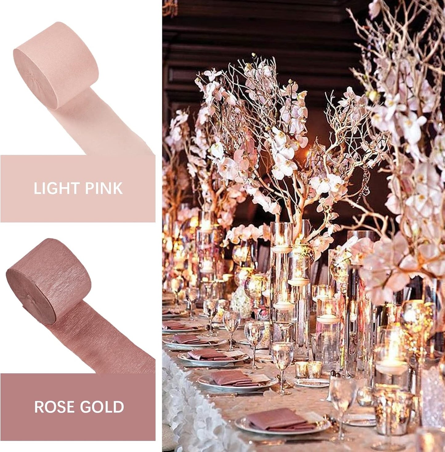 PartyWoo Crepe Paper Streamers 4 Rolls 328ft, Pack of Pink and Rose Gold Crepe Paper for Party Decorations, Wedding Decorations, Birthday Decorations, Baby Shower Decorations (1.8 Inch x 82 Ft/Roll)