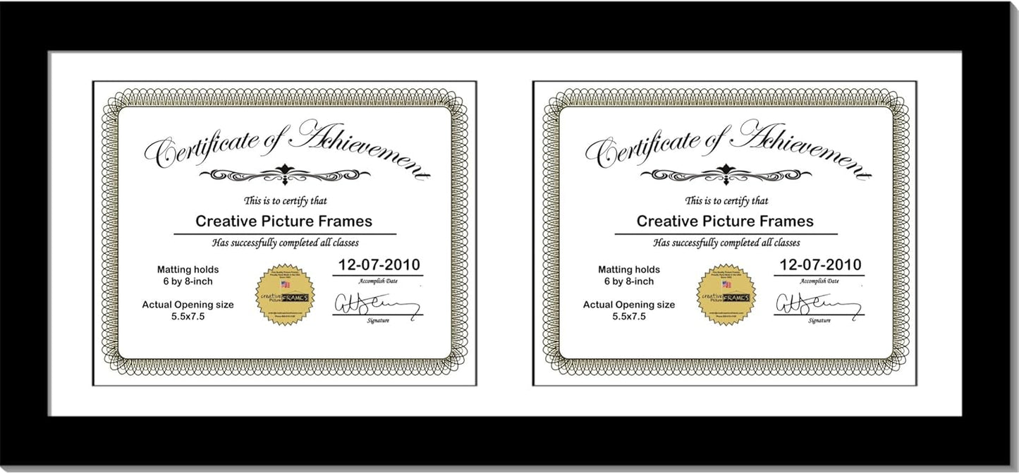 Creative Picture Frames 8X18Bk-W Black Horizontal Double Diploma Frame With 2 Opening White Matting | Holds 2-6X8-Inch Documents With Installed Wall Hanger