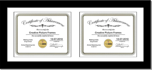 Creative Picture Frames 8X18Bk-W Black Horizontal Double Diploma Frame With 2 Opening White Matting | Holds 2-6X8-Inch Documents With Installed Wall Hanger