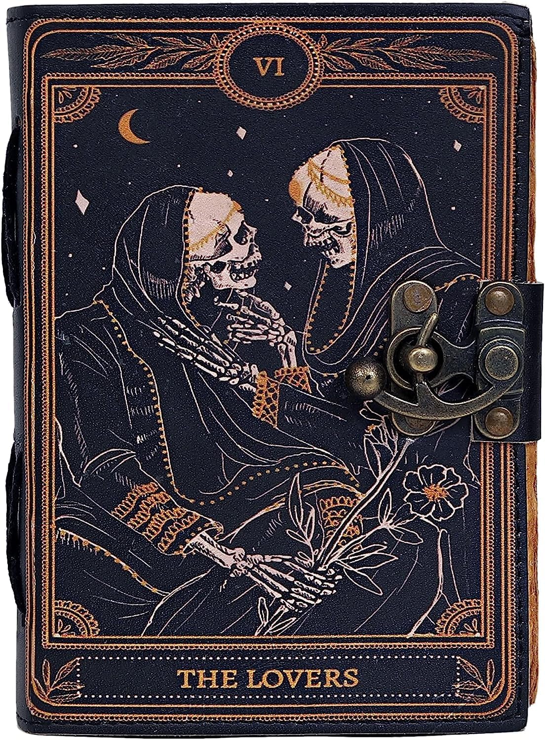 C CUERO Book of Spells Leather Journal Deckle Edge Paper Grimoire Printed Journal The Lovers Tarot Notebook Spiral Gothic Notebook Skull lover Antique Vintage Leather Journals for Men and Women (6 * 8
