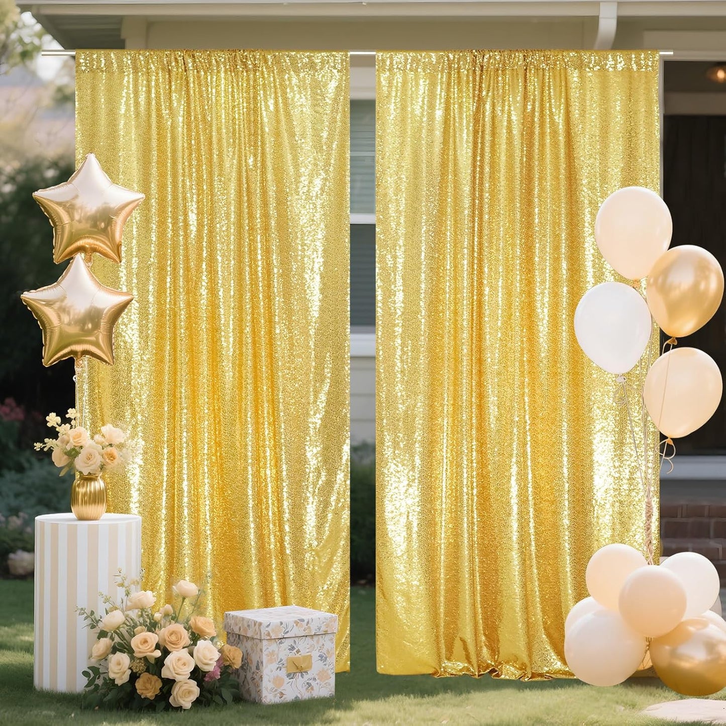 SquarePie Sequin Backdrop Curtain 8FT x 10FT Gold Satin Backing Fabric Photography Background for Wedding Patry 4FT x 10FT 2 Panels
