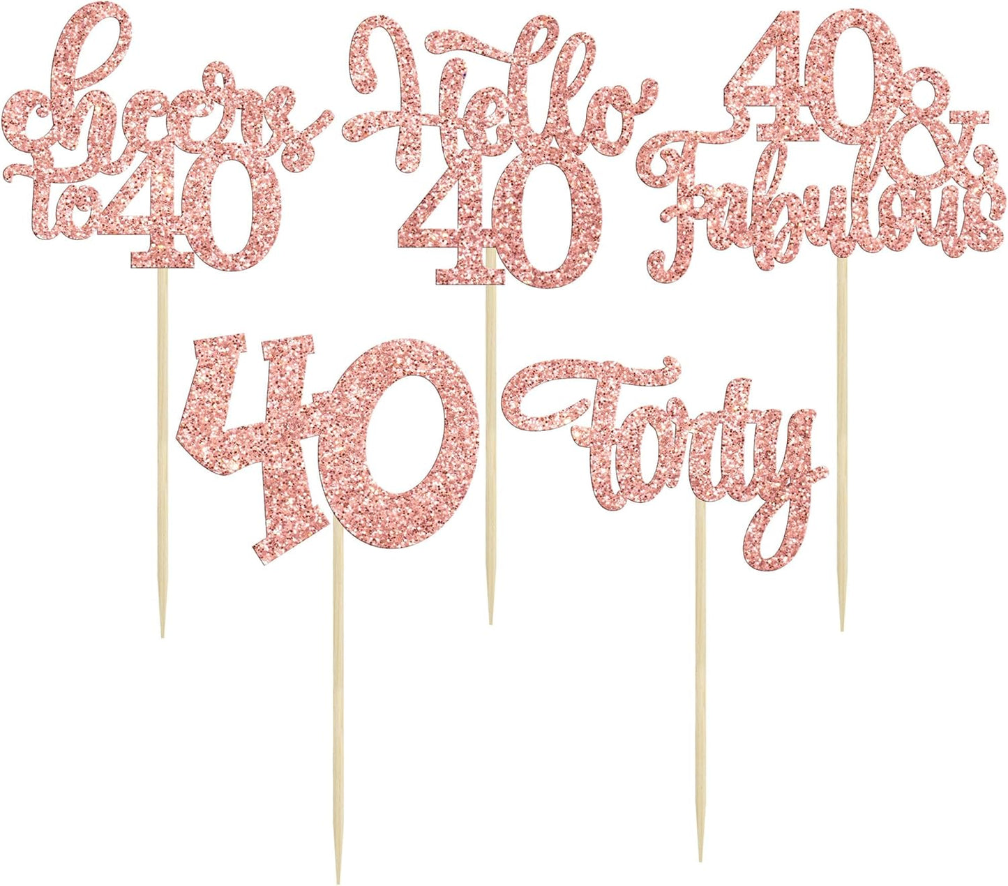 Gyufise 30Pcs Happy 40th Birthday Cupcake Toppers Rose Gold Glitter Forty Cheers to 40 Years Old Birthday Cupcake Picks for Happy 40th Birthday Anniversary Party Cake Decorations