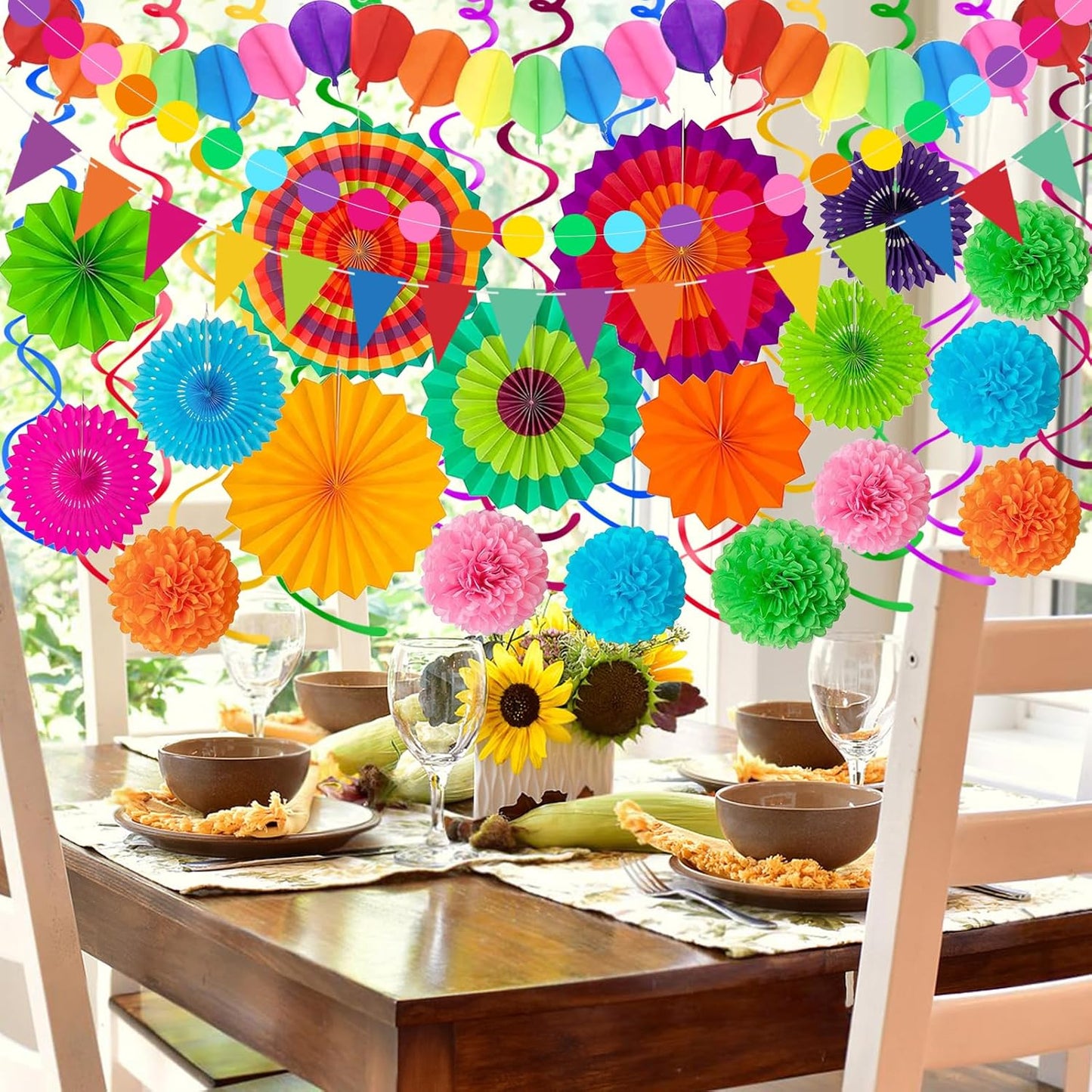 33Pcs Fiesta Decorations Cinco De Mayo Decorations Multi-Color Paper Fans Garlands Pennant Pom Poms Hanging Swirls For Birthday Wedding Rainbow Mexican Party
