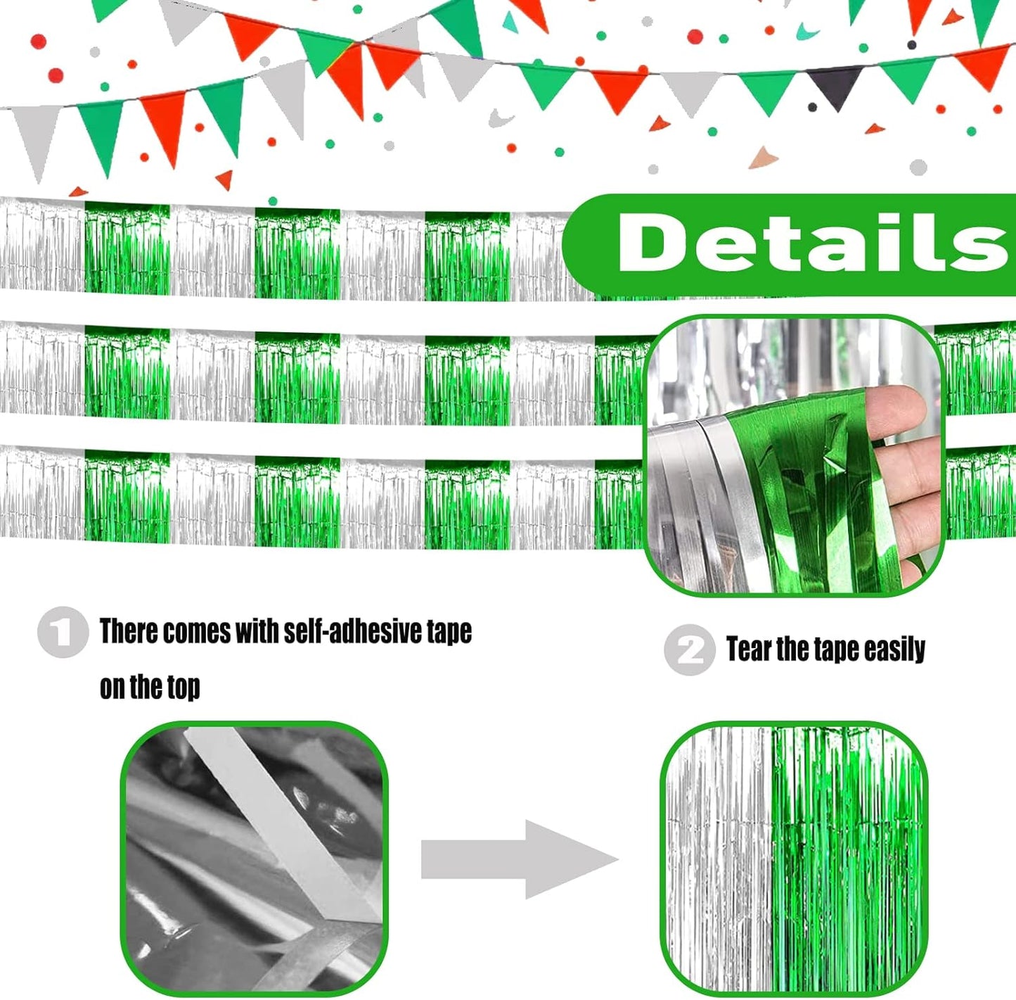 6 Pack 10 Feet Silver Green Foil Fringe Garland Metallic Tinsel Streamers Banner Wall Hanging Backdrop Banner for Parade Floats, Thanksgiving, Christmas, Birthday, Halloween Party Decorations