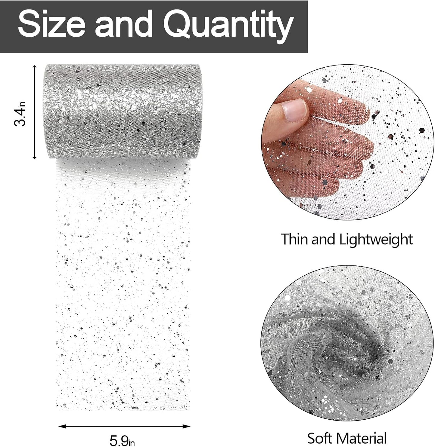 Glitter Tulle Rolls, 6” by 50 Yards (150FT) Sparkling Tulle Spool Ribbon Sequin Tulle Netting Fabric for Tutu Skirt Wedding Birthday Baby Shower (Silver)