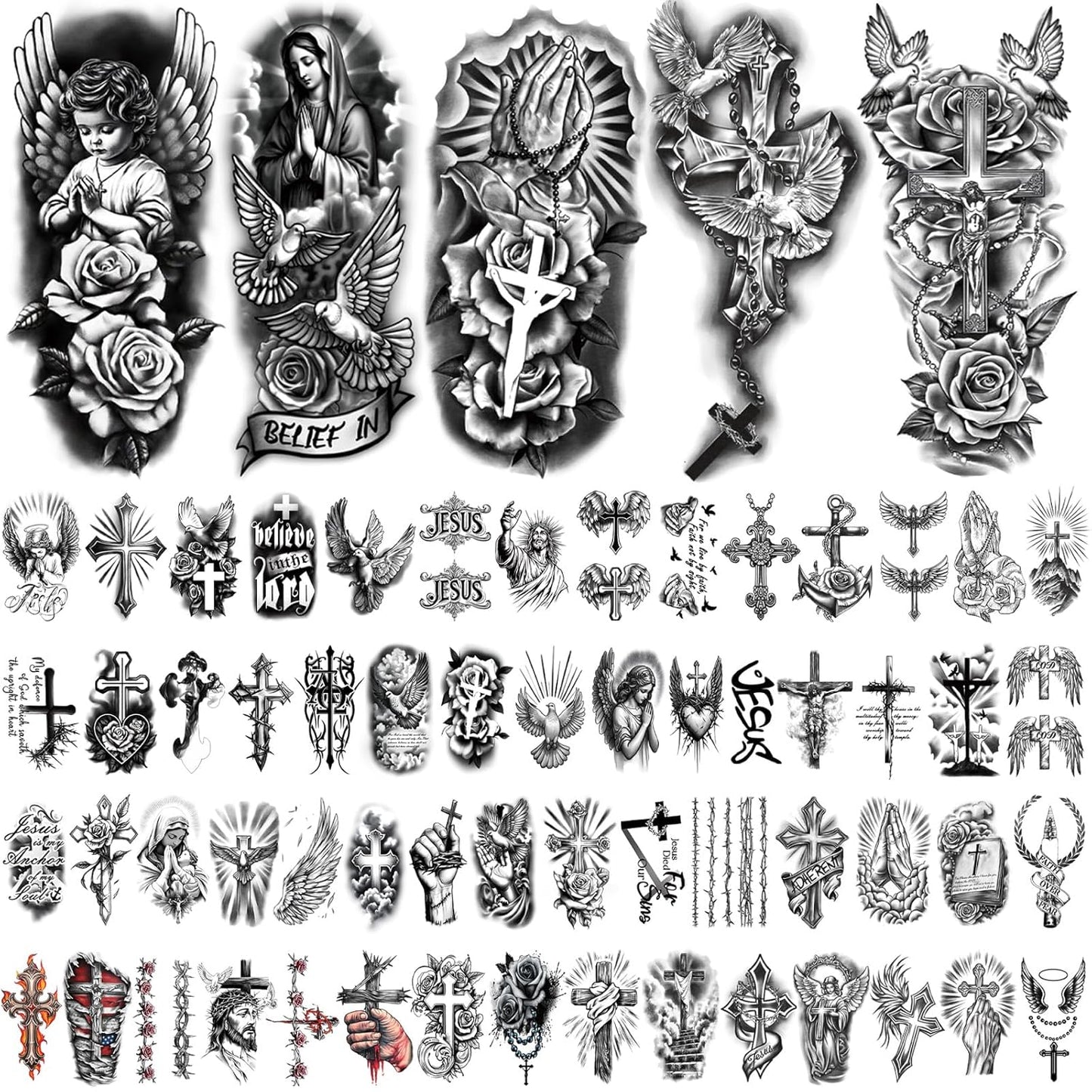 77 Sheets Christian Temporary Tattoo Adult, Religious Jesus Christ Cross Angels God Half Arm Fake Tattoos, Christ Catholic Realistic Tiny Body Temporary Tattoos for Men and Women Kids