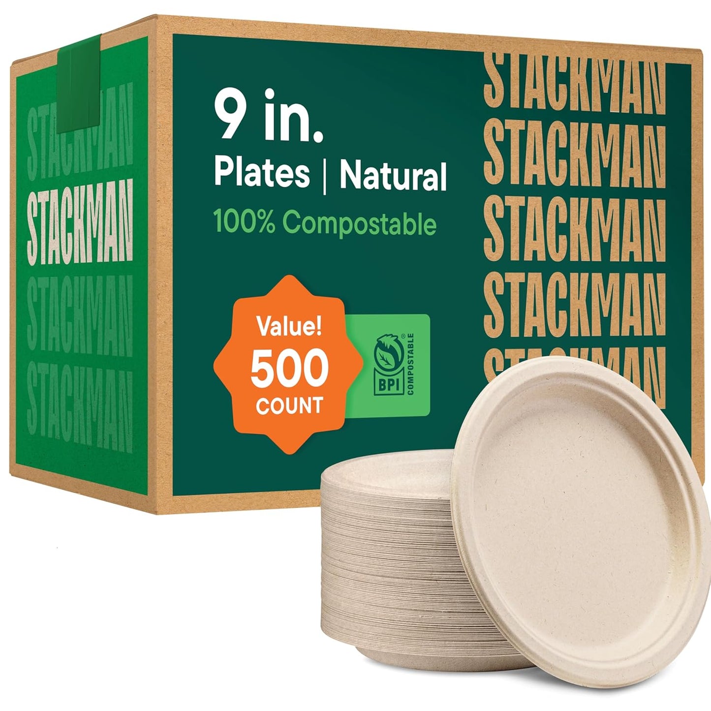 100% Compostable Paper Plates 9 Inch [500 Count] Heavy-Duty Dinner Plates - Natural Brown Color Unbleached Bagasse - Eco-Friendly Disposable Biodegradable Sugarcane Plates - [Bulk Case 4/125 Pack]