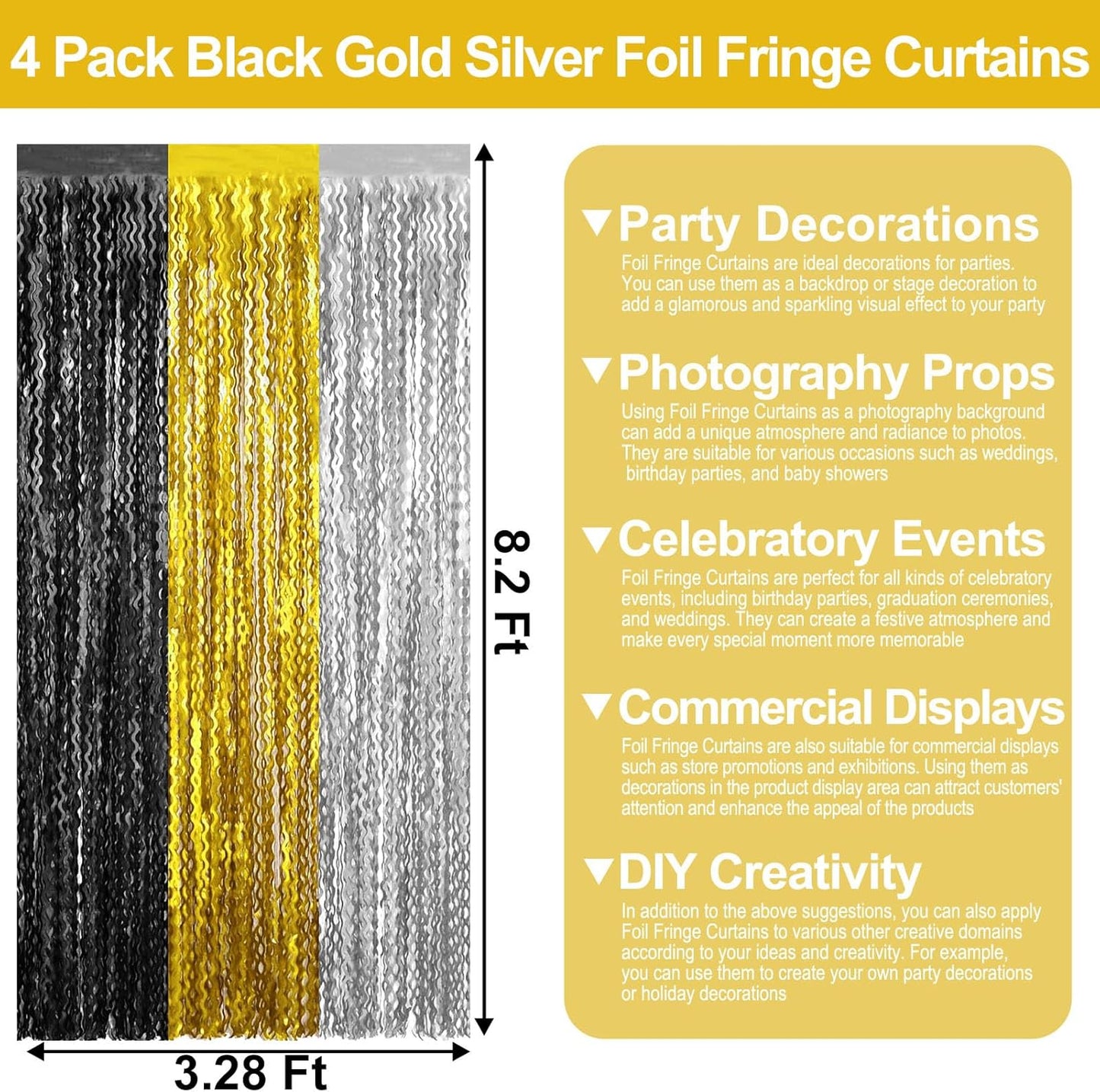 4 Pack Black Gold Silver Wave Foil Fringe Curtain Backdrop, 3.28Ft x 8.2Ft Metallic Tinsel Foil Fringe Streamer Curtains for Photo Booth, Mother's Day, Easter, Birthday, Wedding Party Decoration