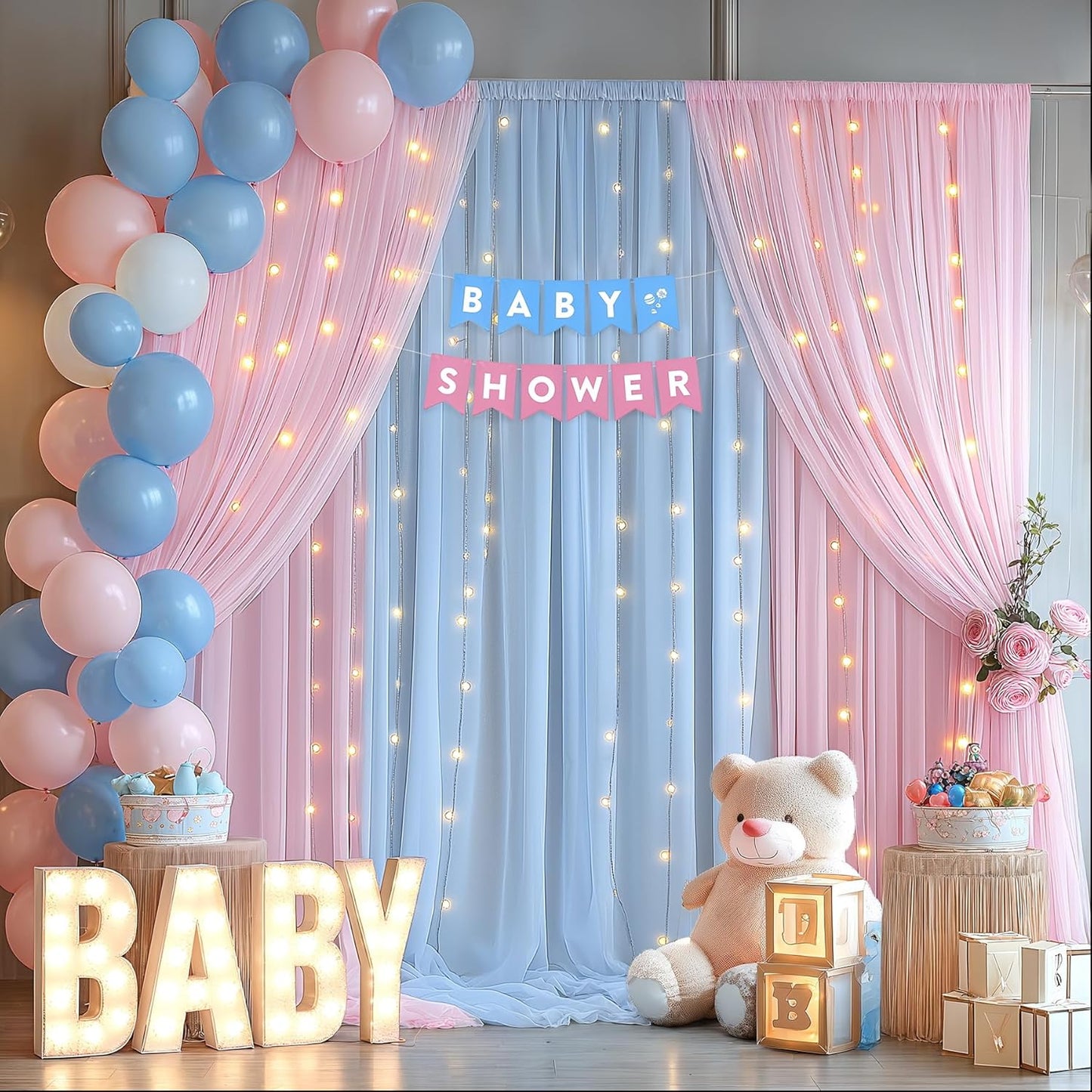 10×10ft Pink Blue Tulle Backdrop Curtain with Lights String for Parties, Sheer Photo Backdrop Curtains for Wedding Party Photography Background