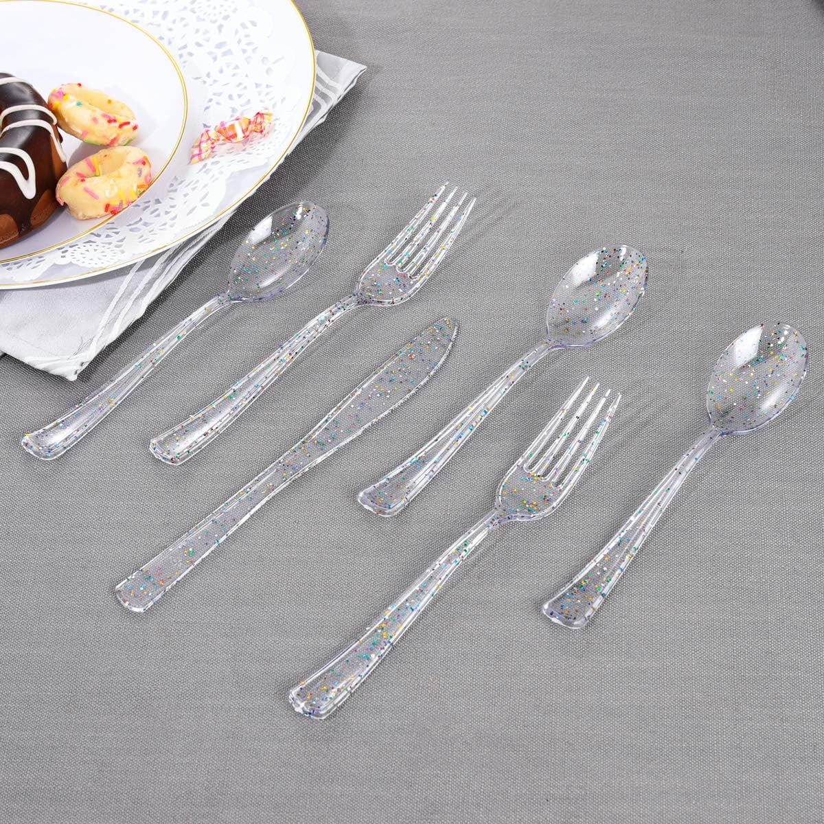 Supernal 360pcs Clear Plastic Silverware, Glitter Disposable Cutlery with Colorful Design,120 Forks,120 Knives,120 Spoons,Perfect for Parties Birthday