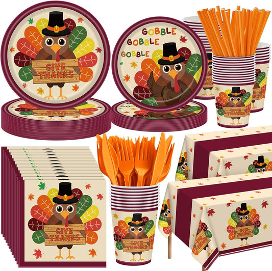 452 Pcs Turkey Thanksgiving Party Supplies for 50 Guests, Fall Thanksgiving Paper Plates Napkins Cups Tablecloth Cutlery Straws Tableware Set for Autumn Friendsgiving Party Decorations