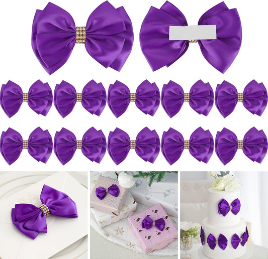 Purple Ribbon Bow 4'' Premade Satin Bow, Purple Gift Bows with Rhinestone, Wrapping Bows for Presents, Greeting Cards, Treat Bags, Wine Bottles, Valentines Bows for Gift Wrapping-12 Counts