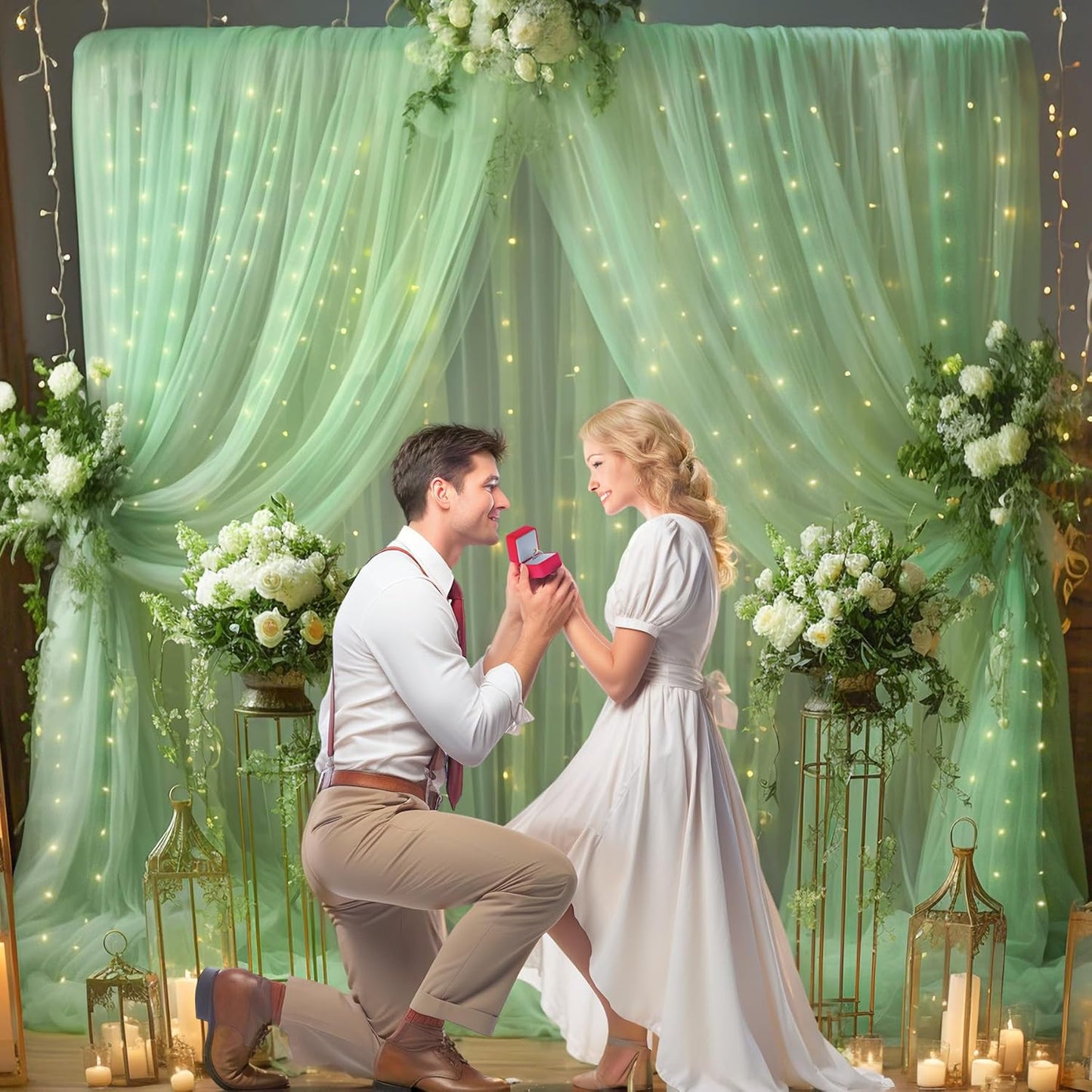 10×10ft Green Tulle Backdrop Curtain with Lights String for Parties, Sheer Photo Curtain Backdrop Drapes for Wedding Party Photography Backgrounds