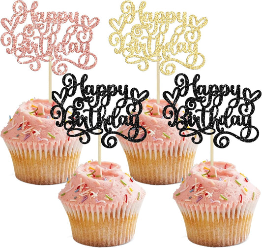 Gyufise 24Pcs Happy Birthday Cupcake Toppers Glitter Happy Birthday Cupcake Picks for Celebrating Happy Birthday Party Decor Anniversary Theme Party Cake Decorations Supplies Black Gold Rose Gold