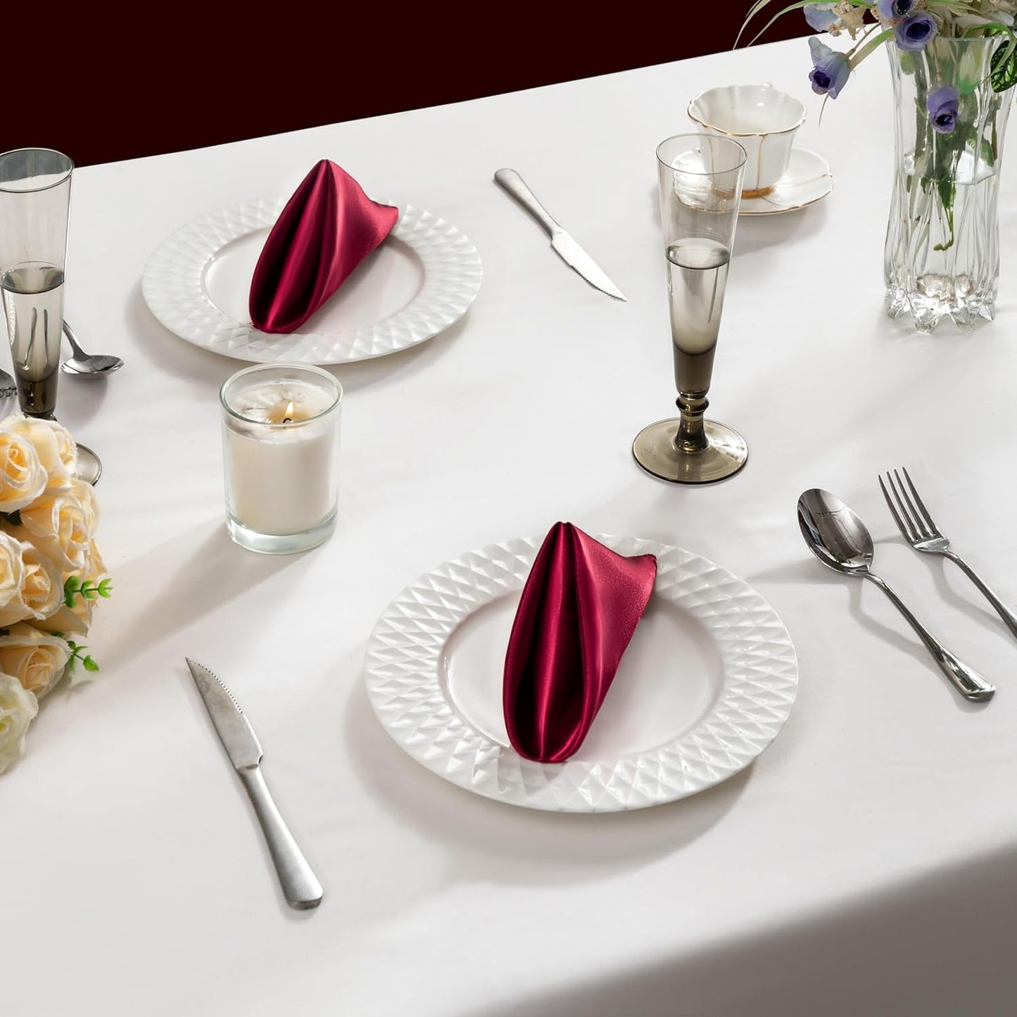 36 Pack Square Satin Dinner Napkins, 16x16 Inches Silky Soft Smooth Table Cloth Napkins for Restaurant Weddings Banquet Party Decoration, Burgundy