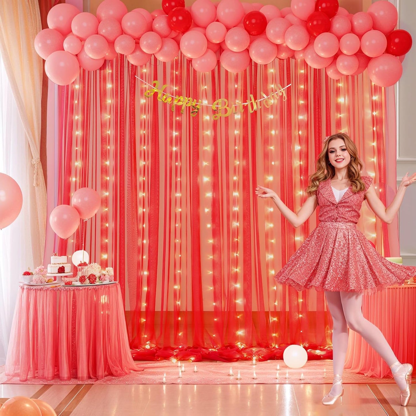 Suppromo Red Tulle Backdrop Curtain with Lights String for Parites 30x10ft Sheer Backdrop Curtains for Birthday Party Baby Shower Christmas Wall Photo Booth Background Decorations(6 Panels 5ft×10ft)