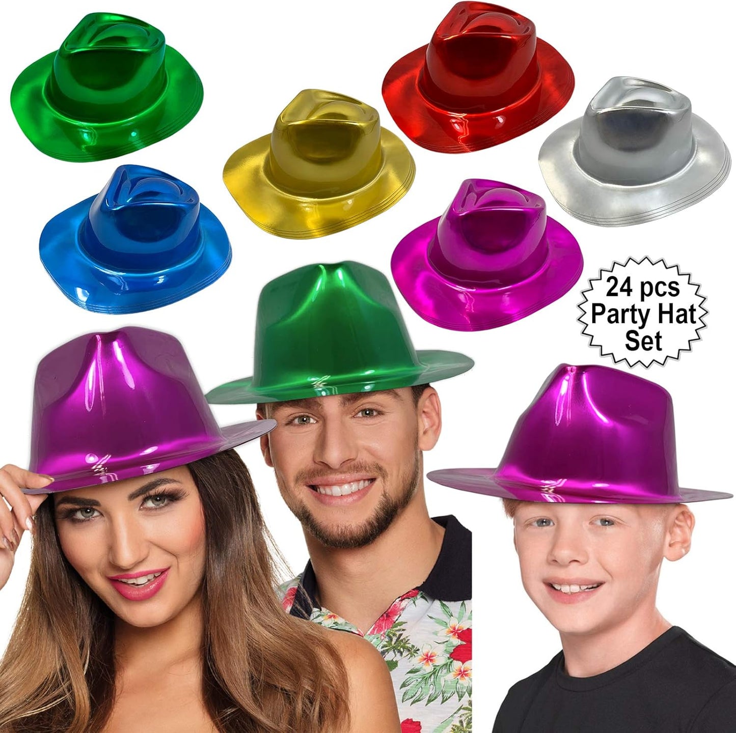 AnapoliZ Party Gangster Hats 24 pcs | New Year’s Celebration Hats | Metallic Colors Assorted | Plastic Fedora Party Hats for Kids, Adults | Costume, Dress Up, Photo Booth, Happy New Year Parties