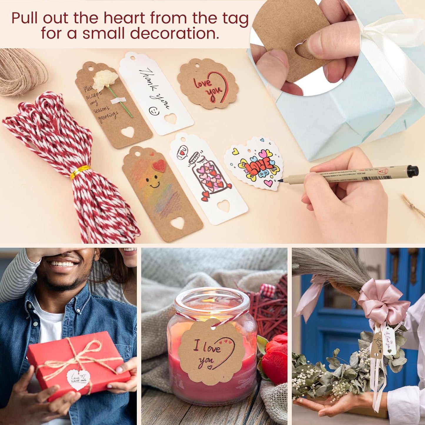 SallyFashion 200Pack Gift Tags with String Attached, 3 Different Designs White and Brown Blank Labels Gift Tags with Strings Hanging for Wedding Party Favor