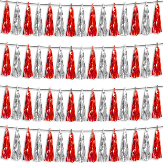 4P Red Silver Foil Fringe Metallic Tassel Streamers Banner Tassel Garland for Parade Floats, Graduation, Wedding, Birthday, Halloween, Christmas, Bridal/Baby Shower Party Decorations