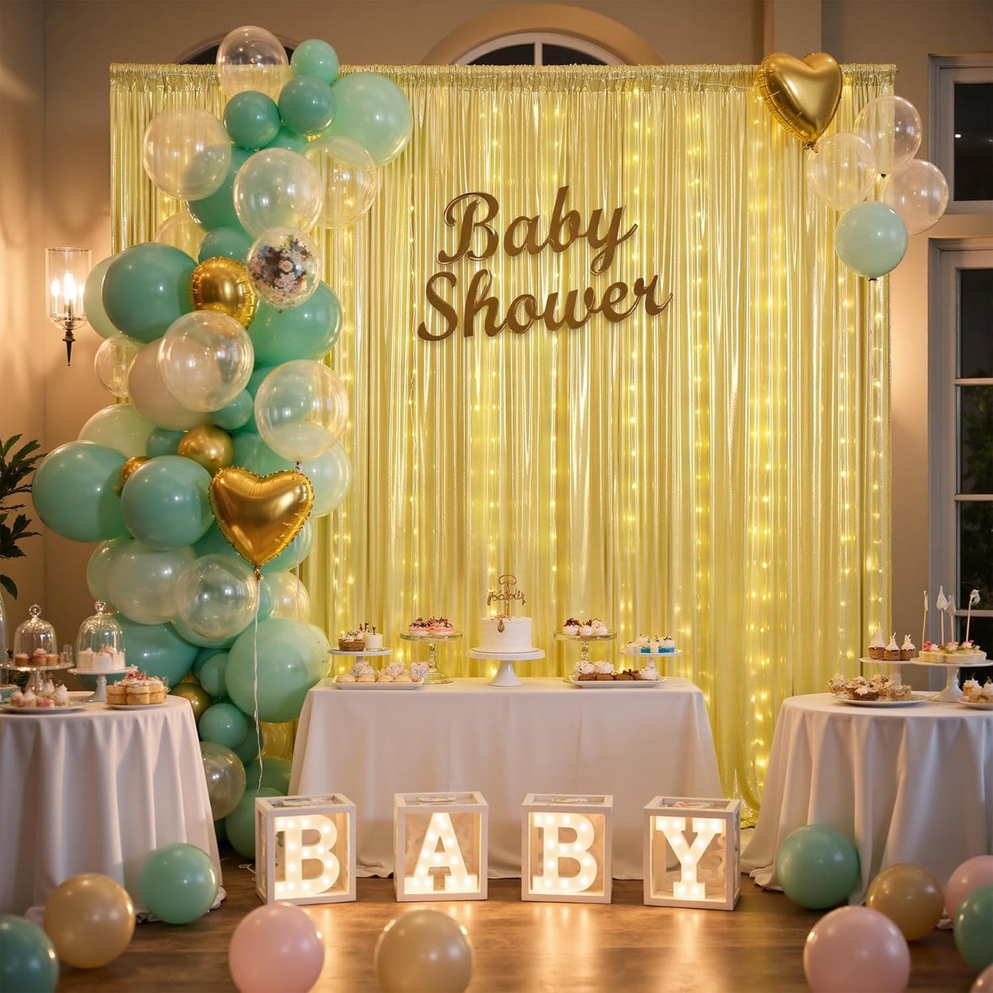 10x10 Gold Sequin Backdrop Curtain with Lights-Wrinkle Free Thick Glitter Backdrop Drapes for Wedding Parties Events Halloween Decor-2 Panels 5×10ft Shimmer Photo Booth Background for Photography