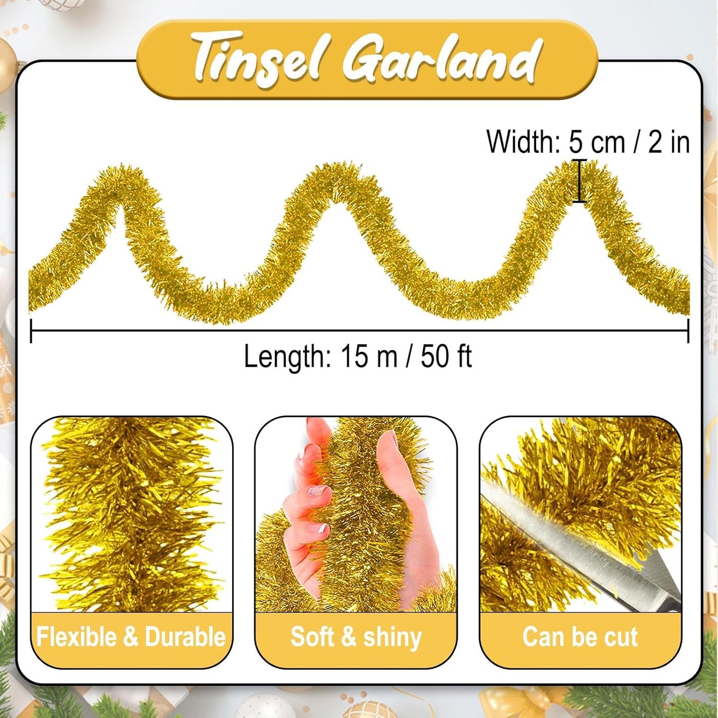 50 Feet Gold Christmas Tinsel Garland, Metallic Foil Twist Banner Wall Hanging Tinsel Streamers Backdrop for Parade Floats, Christmas, Mother's Day, Birthday Party Decorations(2in x 50ft)