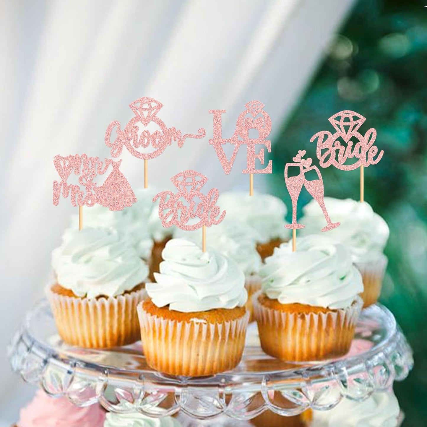 25 PCS Bride to Be Groom to Be Cupcake Toppers with Ring Dress Bridal Shower Cupcake Picks Wedding Engagement Anniversary Party Cake Decorations Supplies Rose Gold
