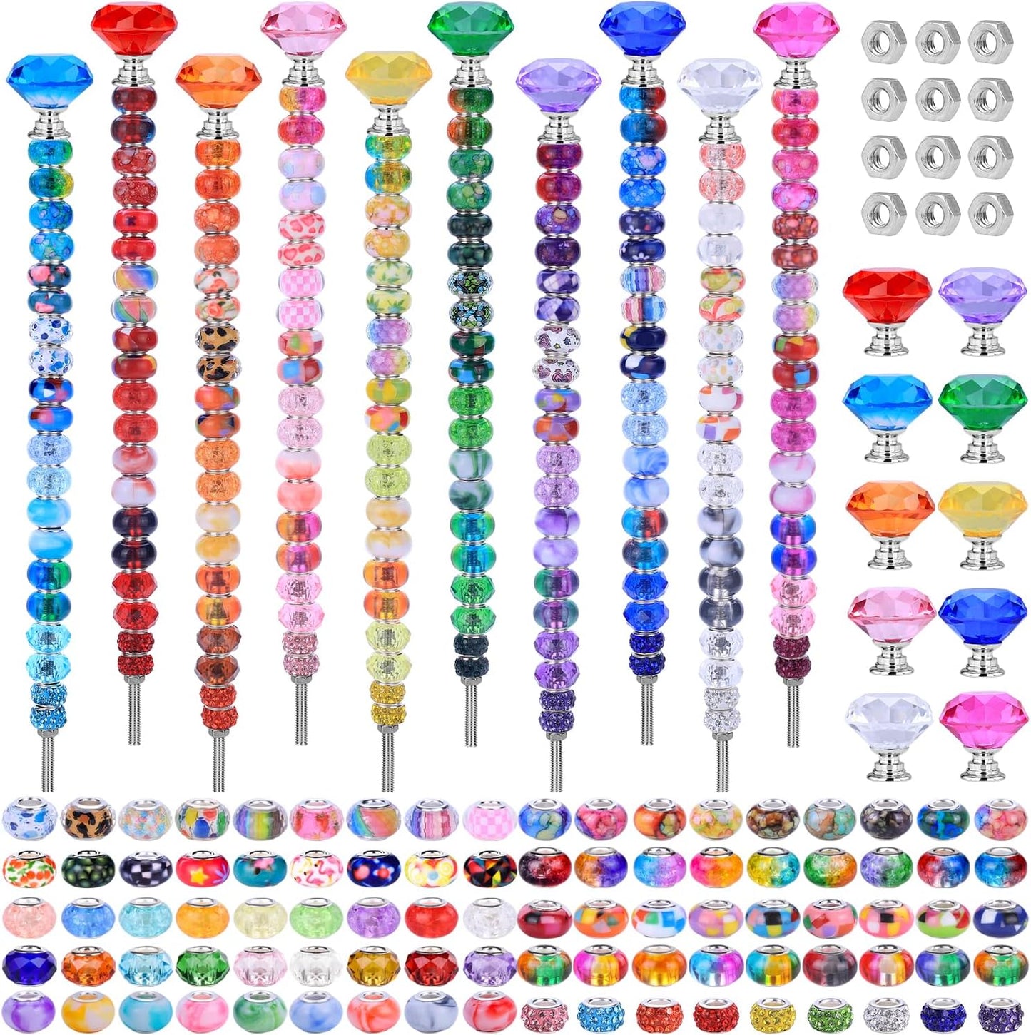 DIY Fairy Wand Garden Stake Beads Kits with Rainbow Colorful Assortment Large Hole Beads, Beaded Garden Stakes kit with Crystal Diamond Top (238Pcs Rainbow+Diamond)