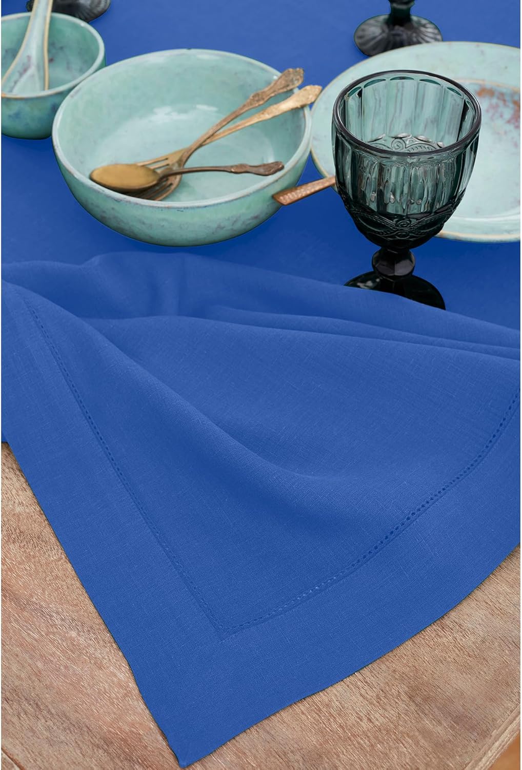 Solino Home Royal Blue Linen Tablecloth 60 x 108 Inch - 100% Pure Linen Hemstitch Table Cloth for Rectangle Tables - Classic Hemstitch, Machine Washable Tablecloth