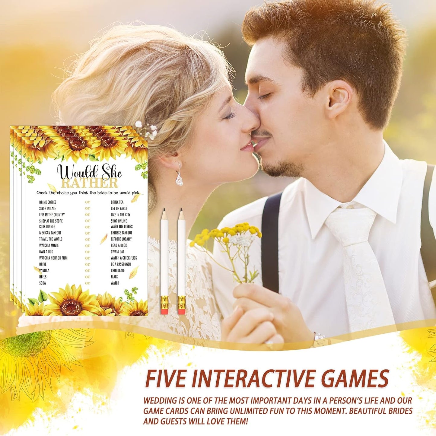 Teling 145 Pieces Bridal Shower Game Bridal Shower Favors Set Wedding Games Cards and Pencils for Bride Groom Bachelorette Party Wedding Party Favor(Sunflower Style)