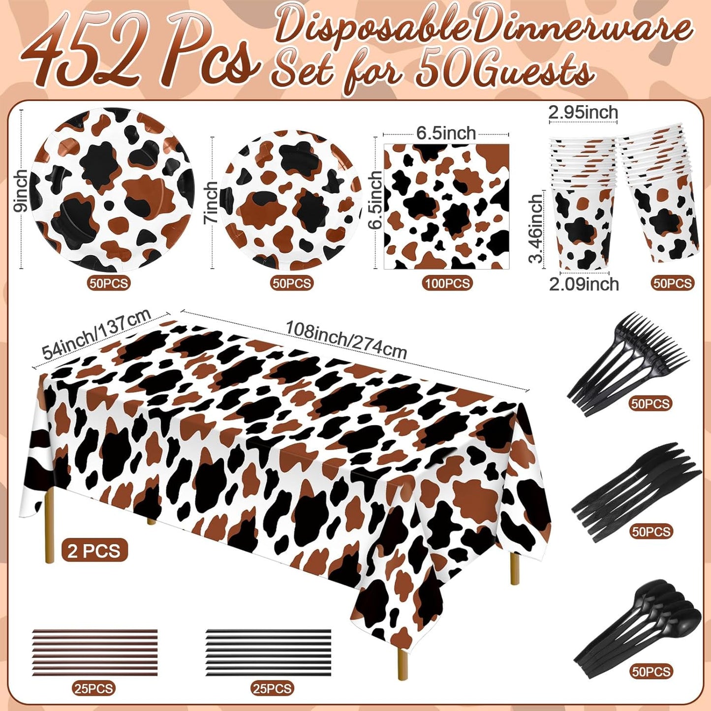 452 Pcs Cow Print Party Decorations Supplies Include Brown Cow Print Paper Plates Napkins Cups Tablecloth Cutlery Straws for Western Rodeo Birthday Baby Shower Farm Animal Party Decorations