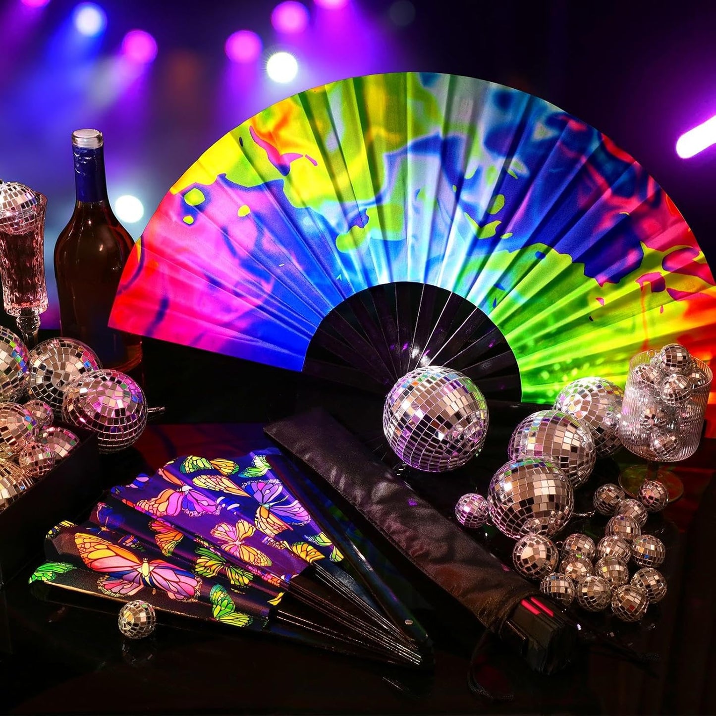 Qunclay 12 Pieces UV Glow Large Rave Folding Hand Fan Festival Fan for Men Women Chinese Japanese Clack Handheld Fan with Rainbow Butterfly for Drag Queen Dance Performance Music Party Gifts, 24 Inch