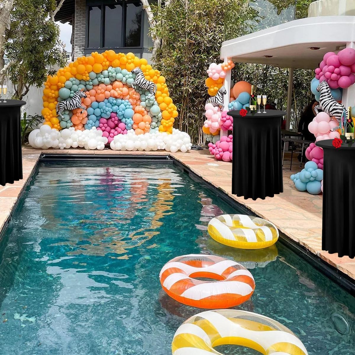 Albassa 2 Pack Cocktail Table Covers 32"x 43" Spandex Stretch Round Cocktail Tablecloths with Wavy Drapes Fitted High Top Bar Table Skirt for Wedding Party Banquet (Black, 2 PCS)