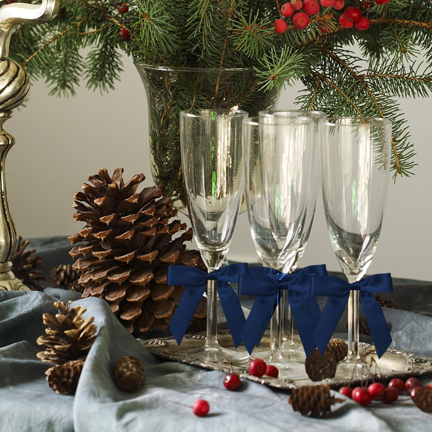 50Pcs Navy Blue Twist Tie Bows for Gift Wrapping 2.5" Satin Ribbon Bow for Treat Bags Cake Balloons Birthday Party Favors Wedding Decorations