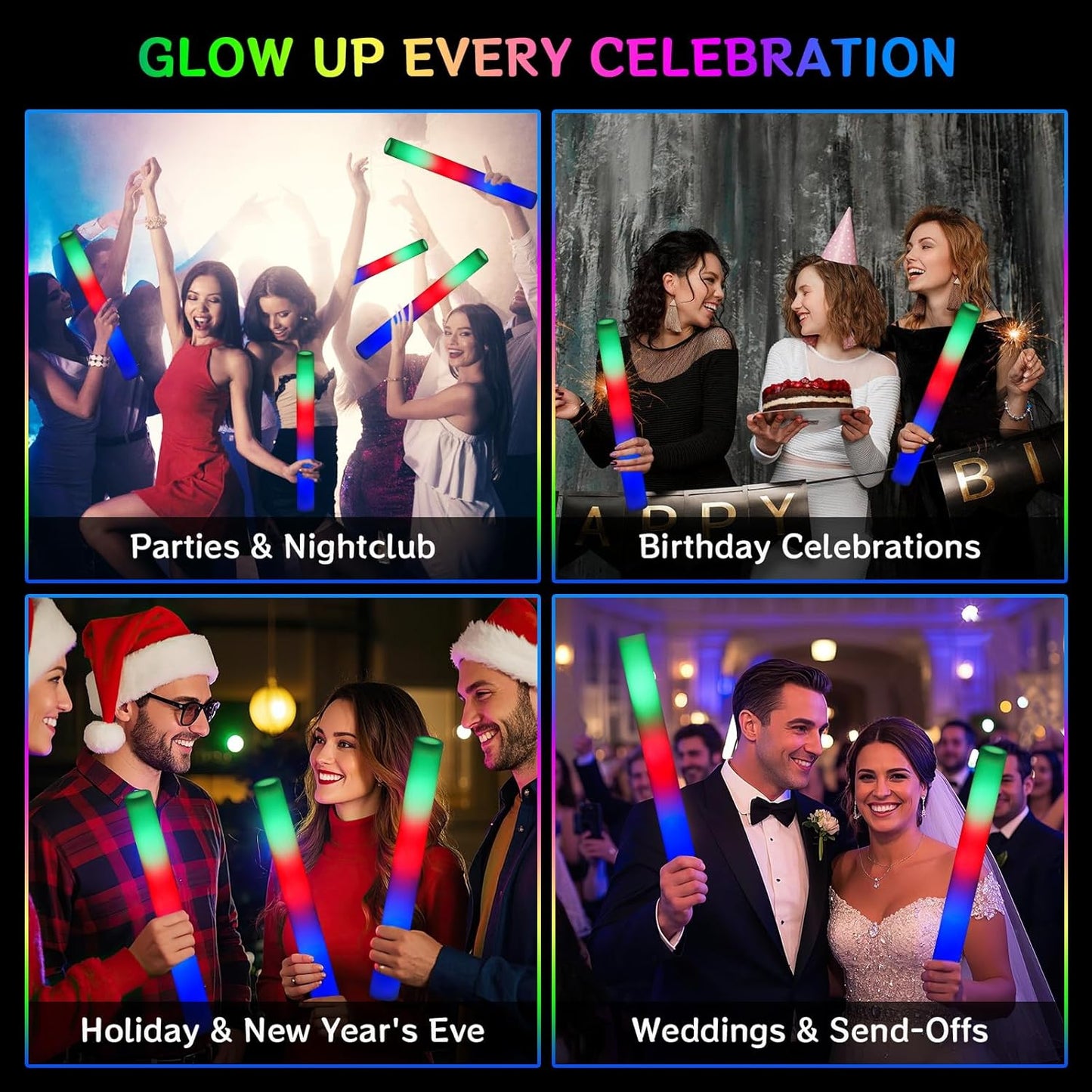 AOWDIAO 12 Pcs 16″ Foam LED Glow Sticks, 3 Light Up Modes, Party Favors for Wedding, Festival & More