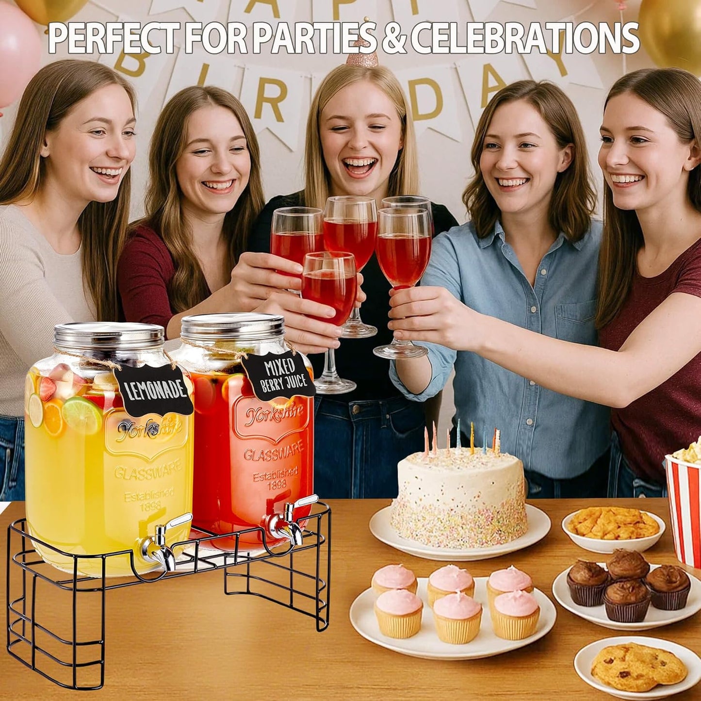 2 Gallon Glass Drink Dispenser for Parties, 2 Pack Beverage Dispenser with Stand, Lemonade Dispenser with 18/8 Stainless Steel Spigot, Leakproof for Sun Tea, Juice, Picnic, BBQ & Bars