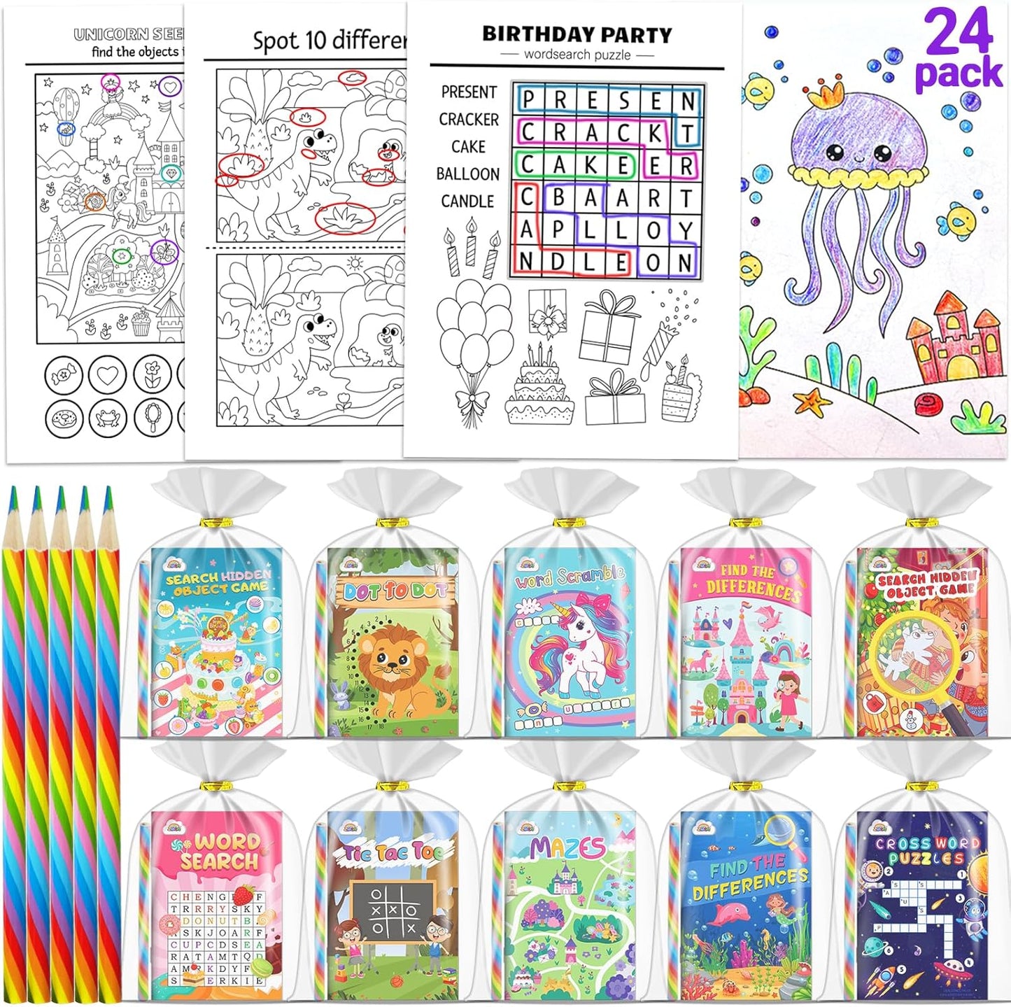 ZMLM 24 Activity Books Party Favors for Kids - Bulk 24 Colored Pencils Mini Coloring Books for Kids 4-8 8-12 Birthday Goodie Bags Stuffers Return Gifts Classroom School Game Prizes Travel(Classic)