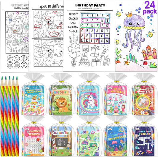 ZMLM 24 Activity Books Party Favors for Kids - Bulk 24 Colored Pencils Mini Coloring Books for Kids 4-8 8-12 Birthday Goodie Bags Stuffers Return Gifts Classroom School Game Prizes Travel(Classic)