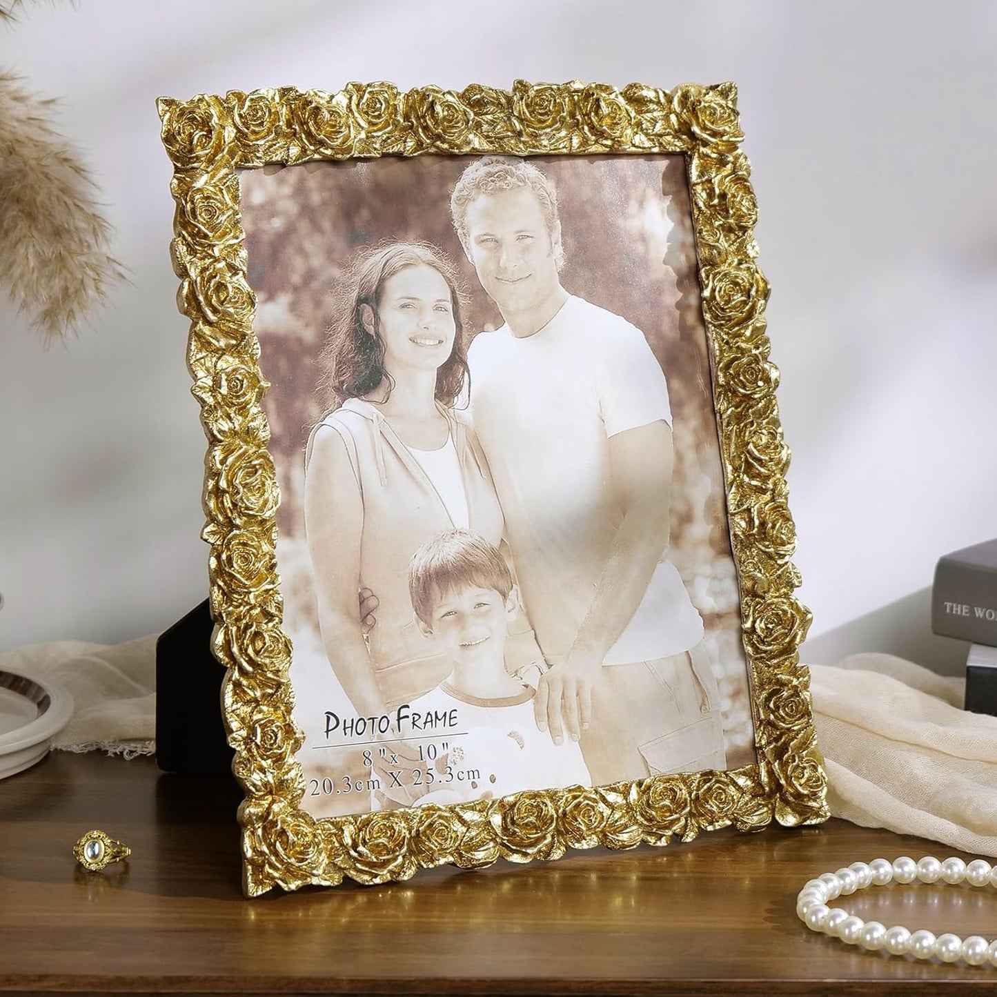 Cuspin 8x10 Picture Frame Vintage, Gold Ornate Rose Flower Resin Photo Frame with Glass Front for Tabletop, Antique Picture Frames for Home Decor