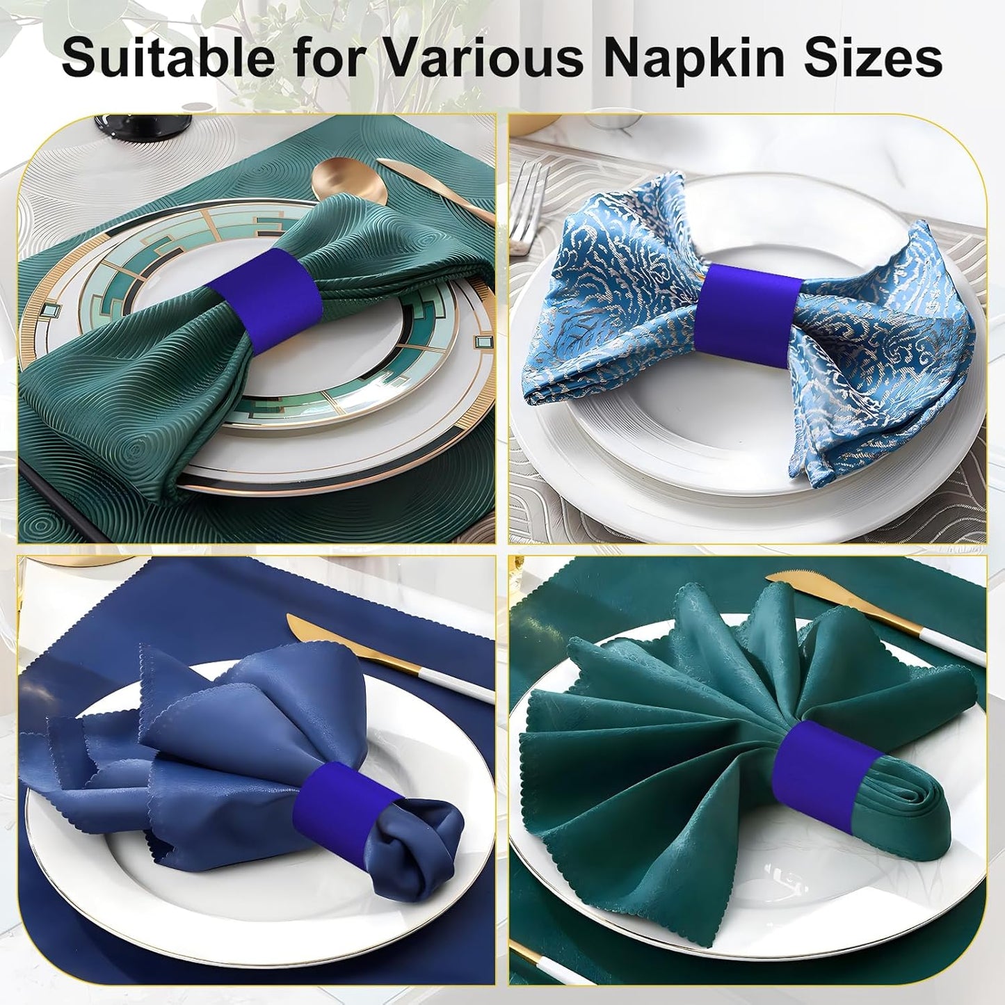 Polymer Material Reusable Napkin Band, Glue-Free Tear-Proof Water Resistant Oil-Proof Napkin Bands Set of 200(Front Blue Color and Back White), 6 Adjustable Sizes Napkin Rings