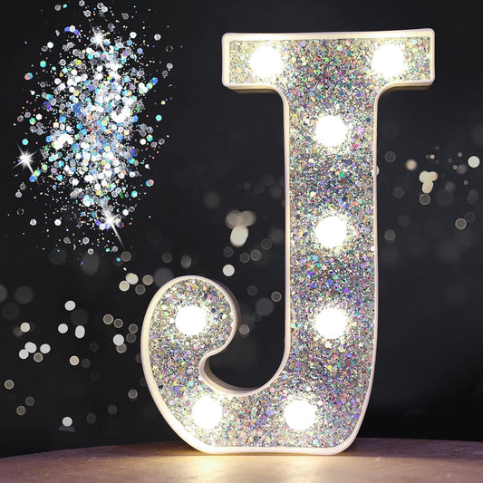 Pooqla Light Up Letters, LED Marquee Letters for Silver Birthday Decorations, Battery Powered Night Light Teenager Girl Room Decor, Gift for Girls Boys Wedding Bedroom Christmas Party Decor, Letter J