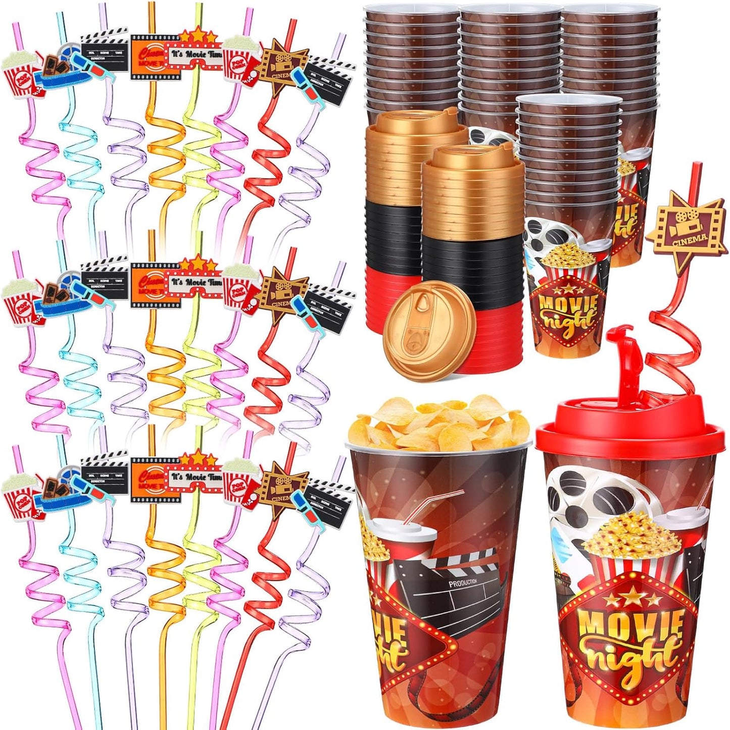 Yungyan 16 Sets Movie Night Party Favors Goodie Cups with Lids and Straws for Halloween Party Decorations Reusable 16oz Plastic Candy Cups Plastic Straws for Birthday Gift(Movie Night)